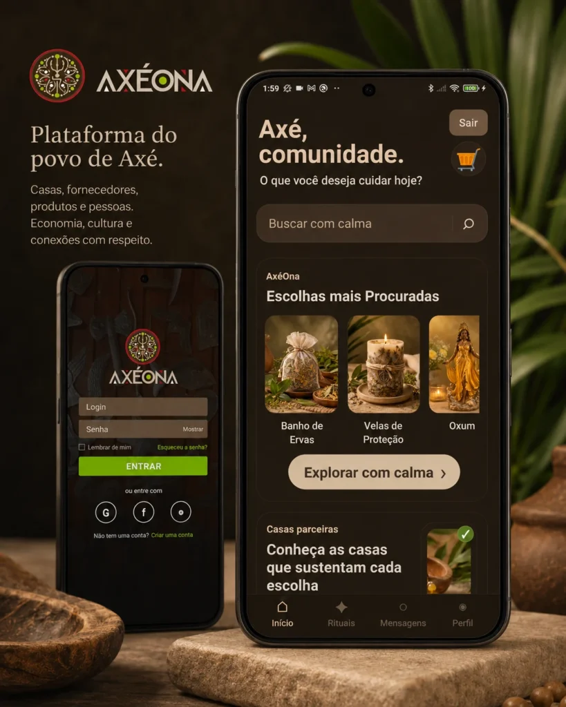 Mockup do aplicativo AxéOna com telas reais da plataforma em ambiente visual premium.