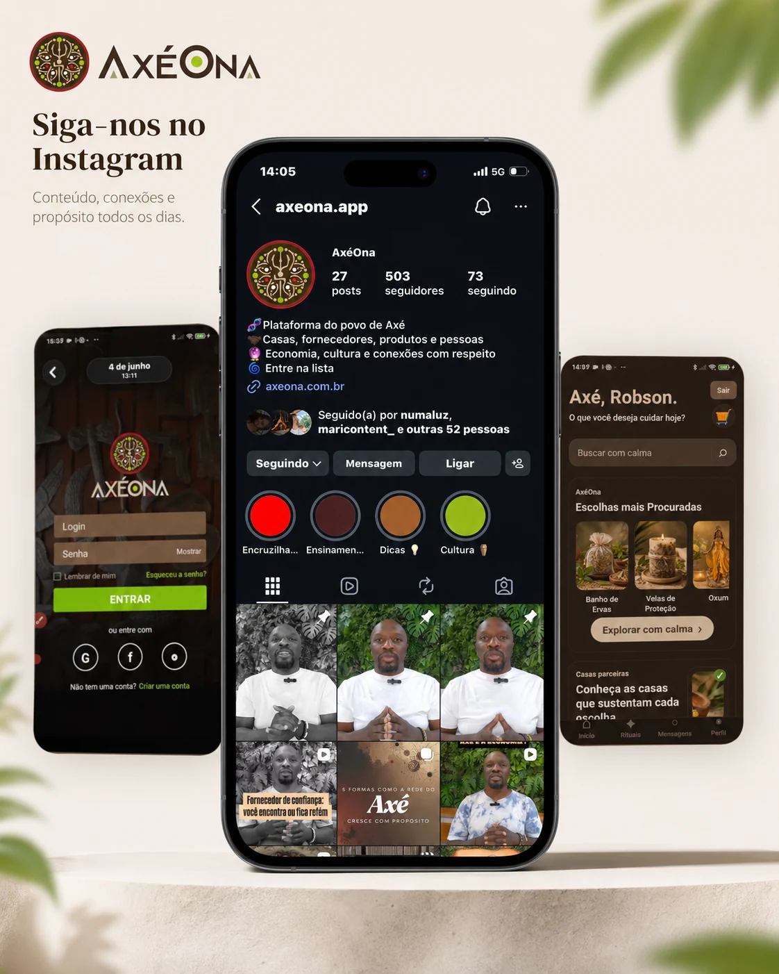 Mockup do Instagram real do AxéOna, destacando presença digital e bastidores do projeto.